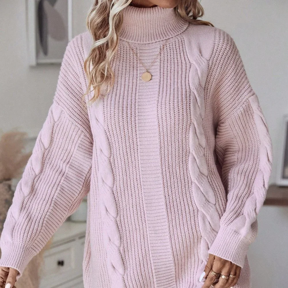 Baby Pink Casual Womens Turtleneck Cable Knit Drop Shoulder Sweater Dress - Picture 5 of 5